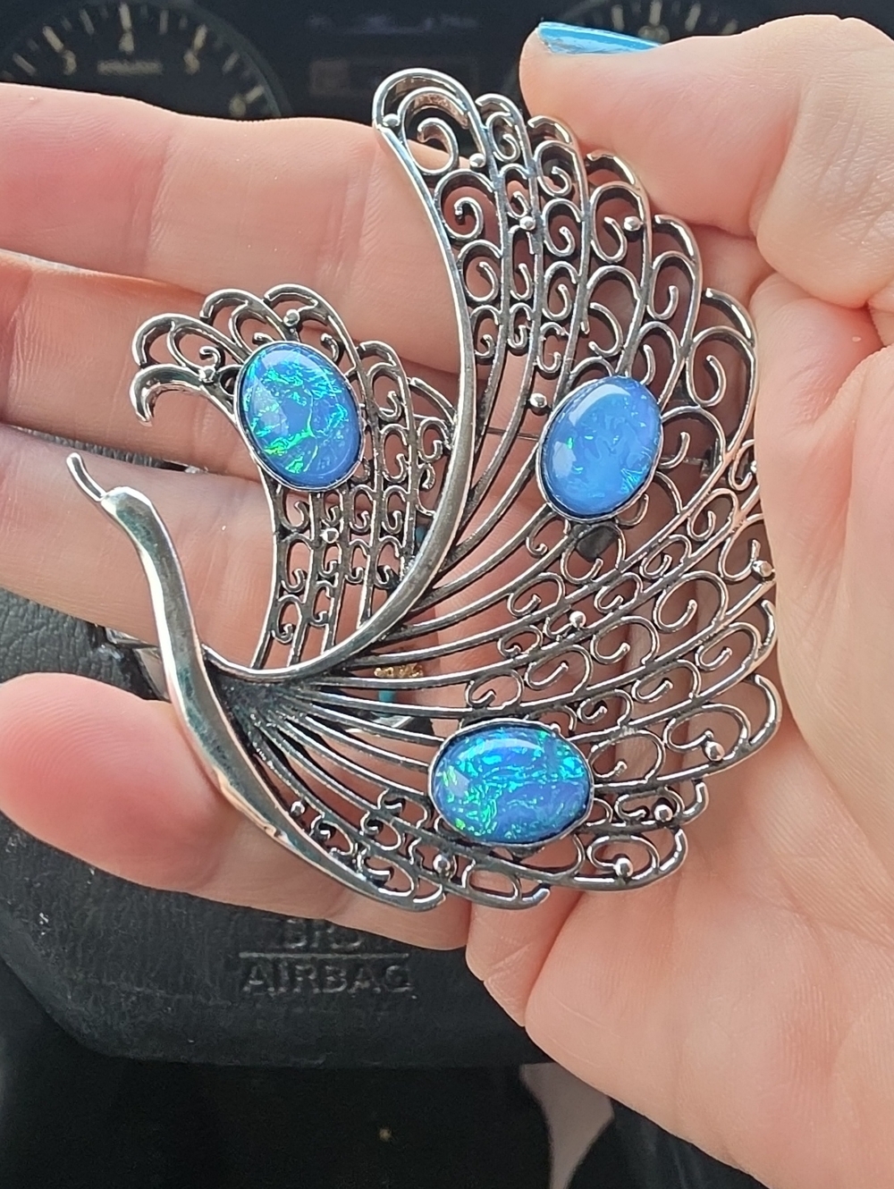 A70- Silver Peacock Brooch/ Pendant Combo with Blue Cabochons